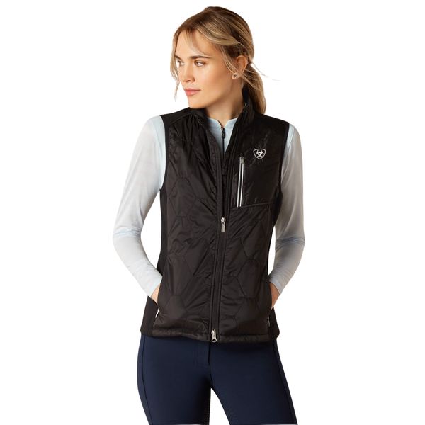 Kamizelka do jazdy konnej damska Ariat Fusion Insulated. Czarne kurtki damskie Ariat, bez wzorów, z puchu, bez kaptura. Za 461.50 zł.