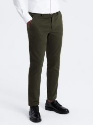 Spodnie męskie chino SLIM FIT z delikatną teksturą - ciemnooliwkowe V4 - Rozmiar: XL. Zielone spodnie materiałowe męskie Ombre Clothing, m, bez wzorów, z bawełny. W wyprzedaży za 199.99 zł.