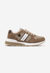 Ciemnobeżowe Buty Sportowe z Przeszyciami i Ozdobnym Paskiem z Napisem Seriven. Brązowe buty sportowe męskie Born2be, z jeansu, bez zapięcia. Za 109.99 zł.