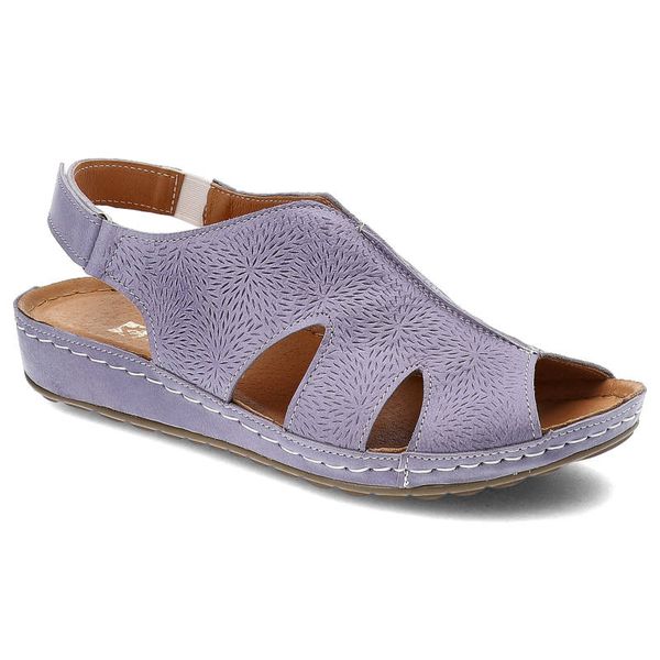 Fioletowe Sandały Kampa Wygodne Skórzane Buty Letnie. Fioletowe klapki damskie KAMPA, z aplikacjami, ze skóry, bez obcasa, na platformie. Za 189.00 zł.
