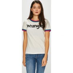 Wrangler - Top. Szare topy damskie Wrangler, z nadrukiem, z bawełny, z okrągłym kołnierzem, z krótkim rękawem. Za 99.90 zł.