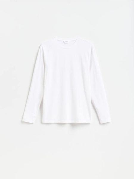 Bawełniany longsleeve - biały. Białe bluzki z długim rękawem męskie Reserved, l, bez wzorów, z bawełny, bez kołnierzyka. Za 69.99 zł.