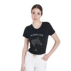 Damska koszulka slim fit z motywem koni i dżetami. Czarne t-shirty damskie EQUESTRO, l, bez wzorów, z bawełny, eleganckie, bez kołnierzyka. Za 225.48 zł.