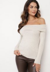 Jasnobeżowy Sweter z Wiskozą i Wywiniętym Dekoltem Corivie. Brązowe swetry damskie Born2be, m, bez wzorów, z jeansu, eleganckie, bez kołnierzyka, bez ramiączek, bez kaptura. Za 99.99 zł.