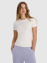 4F T-shirt z prążkowanej dzianiny z modalem damski - biały S. Białe koszulki sportowe damskie 4f, s, bez wzorów, z dzianiny, bez kołnierzyka, bez ramiączek. W wyprzedaży za 69.99 zł.