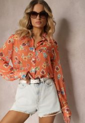 Pomarańczowa Koszula Lekko Transparentna w Kwiecisty Print Gremelia. Brązowe bluzki damskie Renee, l, bez wzorów, z jeansu, eleganckie, bez kołnierzyka, bez ramiączek. Za 49.99 zł.