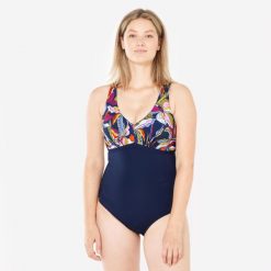 Strój jednoczęściowy do aquafitness damski Nabaiji 100 Rosy Yvo. Niebieskie kostiumy jednoczęściowe damskie Decathlon, l, bez wzorów, z materiału, sportowe, do pływania. Za 79.99 zł.