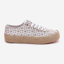 Wzorzyste Trampki Damskie Na Platformie Z Plecionką Lee Cooper LCW-25-08-3648L Biało-Złote białe. Białe trampki i tenisówki damskie bez wzorów, z materiału, eleganckie, bez zapięcia. Za 197.76 zł.