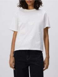 T-shirt z haftem w serca - złamana biel. T-shirty damskie Reserved, l, bez wzorów, z bawełny, bez kołnierzyka. Za 89.99 zł.