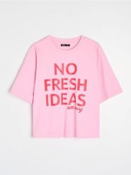 Bawełniana koszulka z napisem No Fresh Ideas - begonia. T-shirty damskie Sinsay, l, bez wzorów, z bawełny, bez kołnierzyka. Za 25.99 zł.