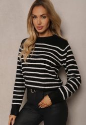 Czarny Casualowy Sweter w Paski o Prostym Kroju Riavelleth. Czarne swetry damskie Renee, bez wzorów, z jeansu, casualowe, bez kołnierzyka, bez ramiączek, długie, bez kaptura. Za 129.99 zł.