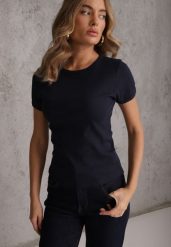 Granatowy Bawełniany T-shirt o Dopasowanym Kroju z Prążkowanego Materiału Lailya. Niebieskie bluzki damskie Renee, m, bez wzorów, z bawełny, eleganckie, bez kołnierzyka, bez ramiączek. Za 39.99 zł.