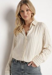 Jasnobeżowa Bawełniana Koszula w Pionowe Paski Zdobiona Cyrkoniami Isorina. Brązowe bluzki damskie Born2be, l, z aplikacjami, z bawełny, eleganckie, bez kołnierzyka, bez ramiączek. Za 99.99 zł.