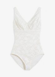 Body shape, średni stopień modelowania sylwetki. Białe body damskie bonprix, bez wzorów, z koronki. Za 147.99 zł.