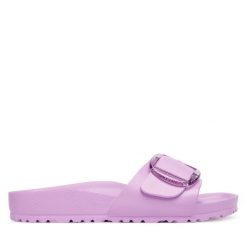 Klapki Birkenstock. Fioletowe klapki damskie Birkenstock, bez wzorów, bez obcasa. Za 229.99 zł.