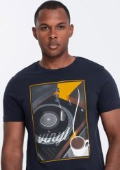Ombre T-shirt męski bawełniany z nadrukiem winyl - granatowy V2 OM-TSPT-0119 M. Niebieskie t-shirty męskie Ombre, m, bez wzorów, z bawełny, bez kołnierzyka. Za 29.99 zł.