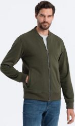 Bawełniana rozpinana bluza męska dresowa bomberka khaki V1 OM-SSZP-0215 L. Brązowe bluzy męskie Ombre, l, bez wzorów, z bawełny, bez kaptura. Za 302.57 zł.