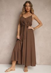 Brązowa Sukienka z Bawełną i Wiskozą z Ozdobnym Paskiem Savaine. Brązowe sukienki dla dziewczynek Renee, bez wzorów, z bawełny, eleganckie, bez ramiączek. Za 159.99 zł.