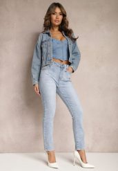 Jasnoniebieskie Jeansy Skinny z Subtelnymi Przetarciami i Przeszyciami na Kieszeniach Lenari. Niebieskie jeansy damskie Renee. Za 89.99 zł.