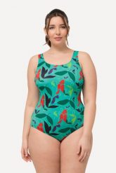 Damskie Kostium kąpielowy wzór w liście bez miękkich miseczek okrągły dekolt. Zielone kostiumy jednoczęściowe damskie Ulla Popken, plus size, bez wzorów, z elastanu, sportowe, plus size, do pływania. Za 199.99 zł.