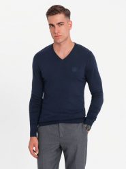 Męski elegancki sweter BASIC V-neck z wiskozą granatowy V2 OM-SWBS-0107 XXL. Niebieskie bluzy męskie Ombre, m, bez wzorów, z wiskozy, bez kaptura. Za 136.15 zł.