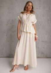 Beżowy Rustykalny Komplet z Lnem i Wiskozą Spódnica i Bluzka-Nietoperz Lilinney. Brązowe bluzki damskie Renee, na lato, l, bez wzorów, z wiskozy, boho. Za 209.99 zł.