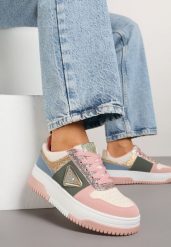 Różowo-Zielone Sneakersy z Perforacją Cyrkoniami i Brokatem Tillidara. Czerwone obuwie sportowe damskie Renee, z aplikacjami, z jeansu. Za 89.99 zł.