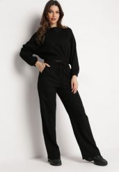 Czarny Komplet Bawełniany Spodnie Szerokie ze Sznurkiem w Pasie i Bluza ze Ściągaczami Urionne. Czarne bluzy damskie Born2be, l, bez wzorów, z bawełny, bez kaptura. Za 199.99 zł.