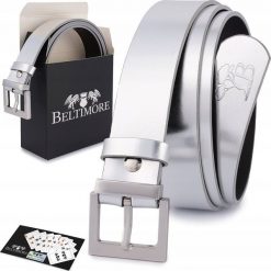 Beltimore Skórzany pasek damski do spodni sukienki srebrny skóra nat 3 cm Beltimore D70. Szare sukienki damskie Beltimore, bez wzorów, ze skóry, bez kołnierzyka, bez ramiączek. Za 54.99 zł.