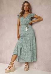 Biało-Zielona Sukienka z Paskiem Eunele. Zielone sukienki damskie Renee, l, bez wzorów, z tkaniny, bez kołnierzyka, bez ramiączek, maxi, rozkloszowane. Za 49.99 zł.