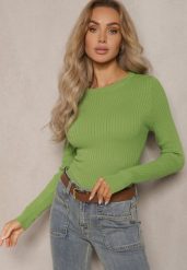 Jasnozielony Casualowy Sweter z Prążkowanego Materiału Zintra. Zielone swetry damskie Renee, m, bez wzorów, z jeansu, casualowe, bez kołnierzyka, bez ramiączek, długie, bez kaptura. Za 69.99 zł.