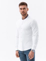Koszula męska dzianinowa z długim rękawem - biała V1 K542 - XXL. Białe koszule męskie Ombre Clothing, m, bez wzorów, z dzianiny, bez kołnierzyka, bez ramiączek. W wyprzedaży za 49.99 zł.