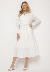 Biała Bawełniana Sukienka z Ażurowym Wzorem i Paskiem Noviellea. Białe sukienki damskie Born2be, l, z aplikacjami, z bawełny, eleganckie, bez kołnierzyka, bez ramiączek, maxi. Za 169.99 zł.
