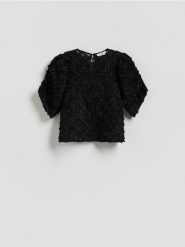 Bluzka z aplikacjami - czarny. Czarne bluzki damskie Reserved, l, z aplikacjami, z tkaniny, bez kołnierzyka, bez ramiączek. Za 159.99 zł.