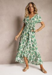 Zielona Rozkloszowana Sukienka z Wiskozy z Gumką w Pasie i Materiałowym Paskiem Vikllia. Zielone sukienki damskie Renee, na lato, l, bez wzorów, z materiału, eleganckie, bez kołnierzyka, bez ramiączek, maxi, dopasowane. Za 74.99 zł.