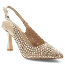 Czółenka damskie Alma En Pena, materiałowa cholewka ozdobne kryształki pasek z regulacją smukły nosek elegancki obcas złoty kolor wizytowy styl, złot. Żółte czółenka damskie Alma en Pena, bez wzorów, z materiału, eleganckie, bez obcasa, na obcasie, bez zapięcia. Za 599.00 zł.