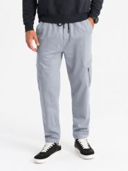 Dzianinowe joggery męskie z kieszeniami cargo – jasnoszare V4 OM-PAJO-0199 - XXL. Szare spodnie materiałowe męskie Ombre Clothing, l, z aplikacjami, z bawełny. Za 155.99 zł.