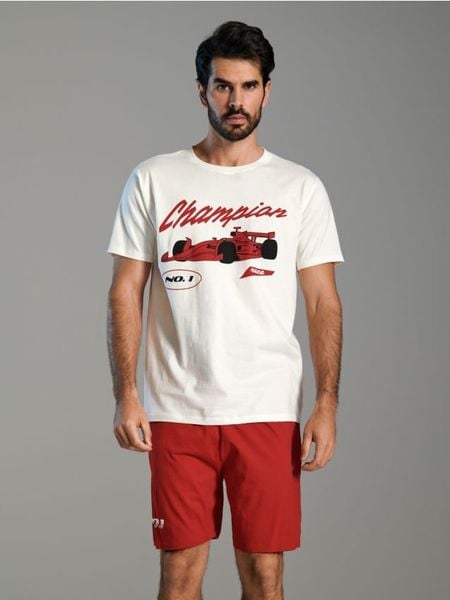 Piżama męska - kremowy. Białe piżamy męskie Sinsay, l, bez wzorów, bez ramiączek, krótkie. Za 39.99 zł.