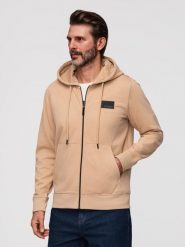 Męska rozpinana dresowa bluza z kapturem i patchem – piaskowa V2 - Rozmiar: XL. Brązowe bluzy męskie Ombre Clothing, m, bez wzorów, z bawełny, z kapturem. Za 149.99 zł.