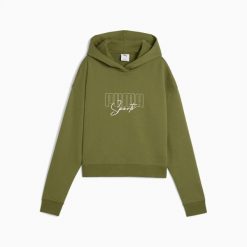 Bluza damska Puma ELEVATED GRAPHIC CROPPED TR 68950022. Zielone bluzy damskie Puma, l, z aplikacjami, z bawełny, z kapturem. Za 184.01 zł.