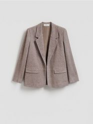 Marynarka z dodatkiem wiskozy - ciemnobrązowy. Brązowe żakiety damskie Reserved, l, bez wzorów, z dzianiny. Za 159.99 zł.