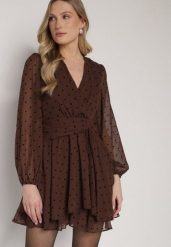 Ciemnobrązowa Sukienka o Rozkloszowanym Kroju w Kropki Liasetia. Brązowe sukienki damskie Born2be, na co dzień, l, bez wzorów, klasyczne, bez kołnierzyka, bez ramiączek, rozkloszowane. Za 149.99 zł.