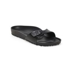 Klapki damskie Birkenstock Eva Madrid Black Eva. Czarne klapki damskie Birkenstock, bez wzorów, z materiału, bez obcasa. Za 254.00 zł.