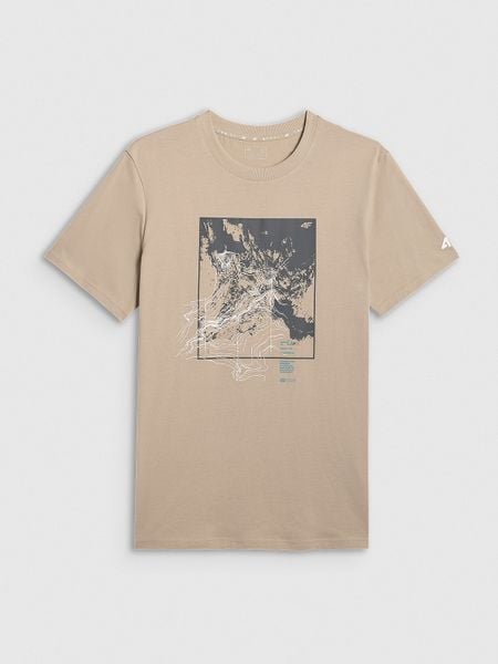4F T-shirt regular z nadrukiem męski - beżowy S. Brązowe t-shirty męskie 4f, m, bez wzorów, z bawełny, bez kołnierzyka. W wyprzedaży za 49.99 zł.