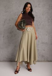 Zielona Asymetryczna Spódnica o Rozkloszowanym Fasonie z Paskiem z Klamrą Diomeine. Zielone spódnice damskie Renee, l, bez wzorów, casualowe, maxi, asymetryczne. Za 149.99 zł.