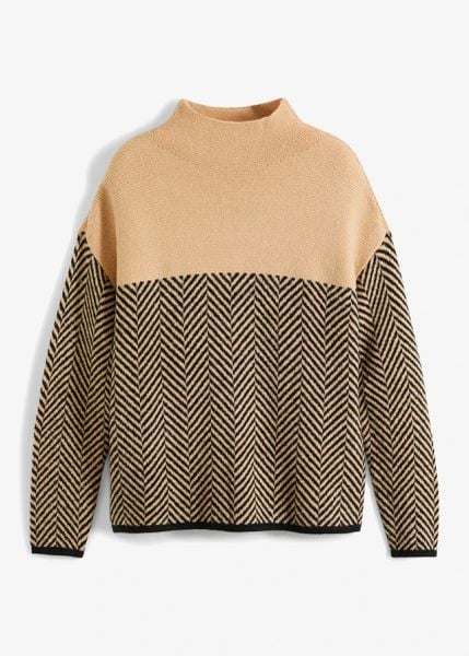 Sweter. Czarne swetry damskie bonprix, bez wzorów, eleganckie, bez kołnierzyka, bez ramiączek, bez kaptura. Za 129.99 zł.