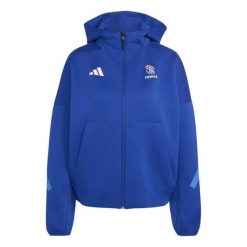 Kurtka z kapturem damska Francja Travel 2026/27. Niebieskie bluzy sportowe damskie Adidas, bez wzorów, z kapturem. Za 513.50 zł.