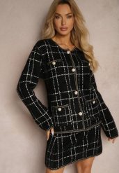 Czarno-Biały Dzianinowy Elegancki Komplet z Kardiganem i Spódnicą w Kratkę Railey. Czarne spódnice damskie Renee, m, z aplikacjami, z dzianiny, eleganckie, dopasowane. Za 139.99 zł.