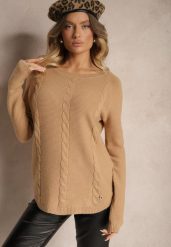 Beżowy Casualowy Sweter z Ozdobnym Splotem Sealinea. Brązowe swetry damskie Renee, m, z aplikacjami, z jeansu, casualowe, bez kołnierzyka, bez ramiączek, długie, bez kaptura. Za 69.99 zł.