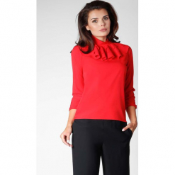 Czerwona Elegancka Bluzka na Stójce z Falbankami. Czerwone bluzki damskie Molly.pl, eleganckie, z falbankami, z długim rękawem. W wyprzedaży za 102.21 zł.